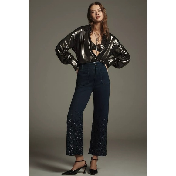 NWT Anthropologie The Colette High Rise Wide Leg Jeans Sequin Sparkle 27T Tall - Picture 3 of 16